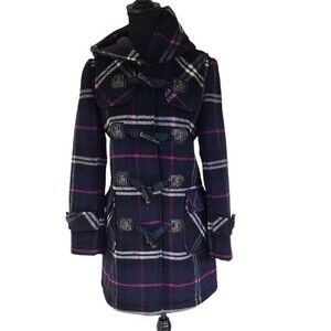 EUC Pretty women's winter wool trenchcoat, Size S, Black/purple/white
